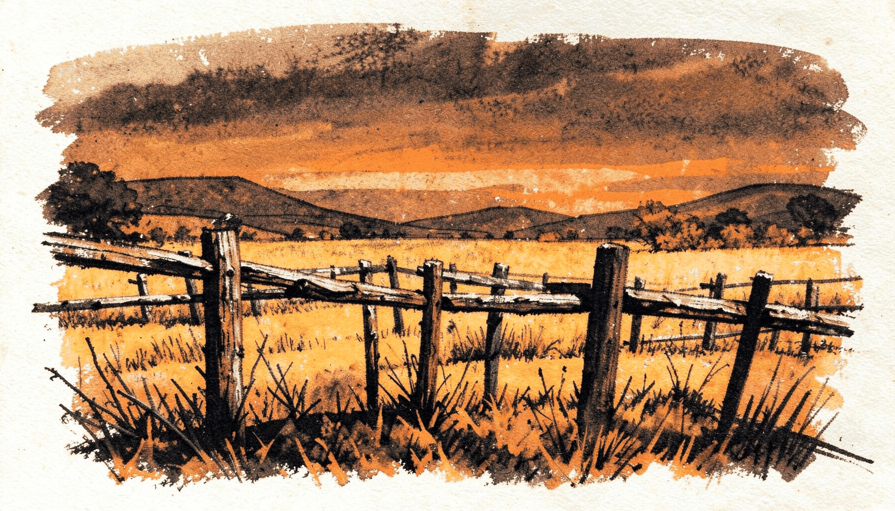 A warm, rustic western scene with a weathered wooden fence stretching across a golden prairie under a dusky amber sky, evoking the spirit of the Ponderosa