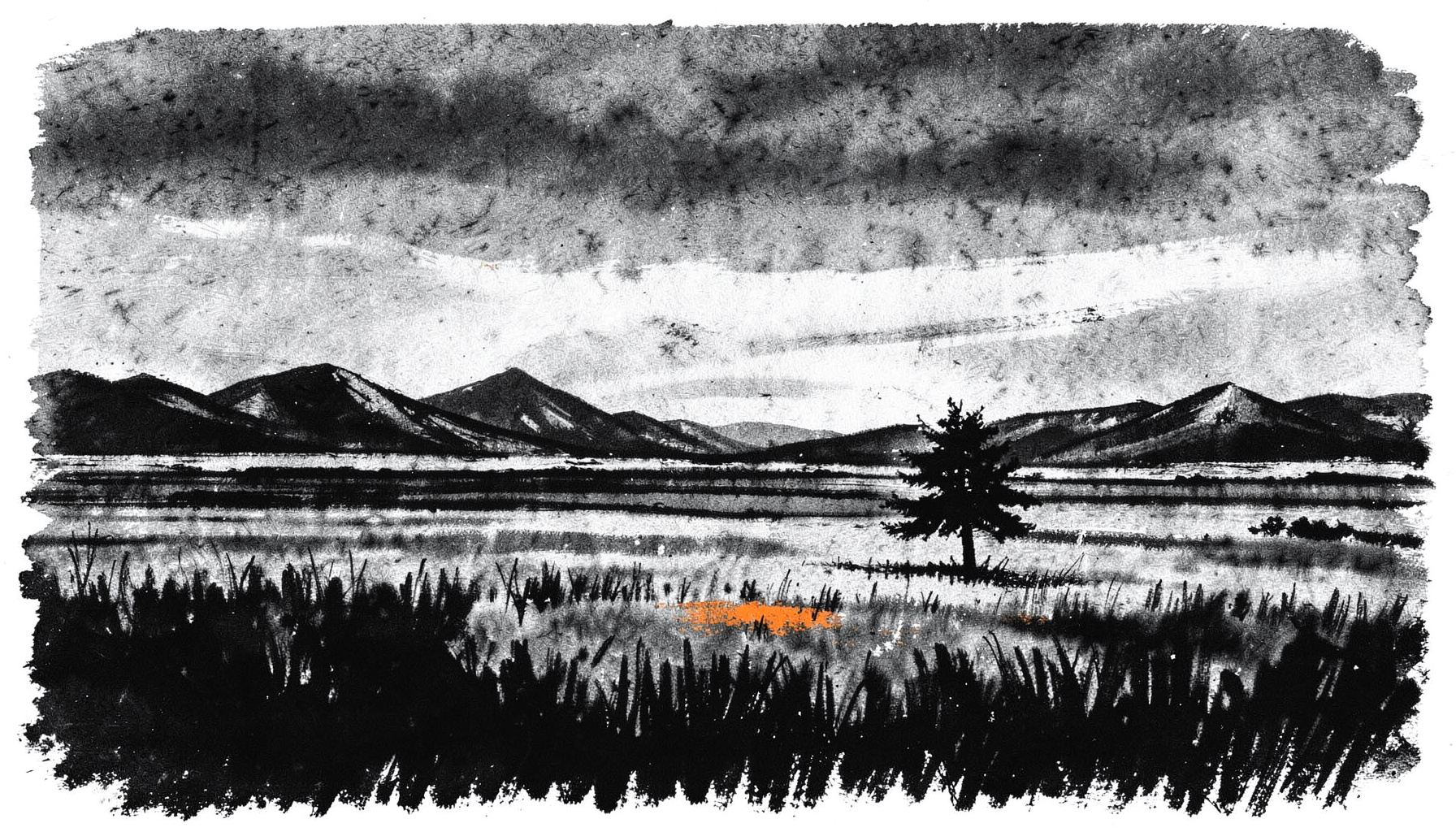 A bold charcoal drawing of a vast western landscape with distant mountains, open prairie, and a lone pine tree silhouetted against a wide sky, rendered in deep blacks and smoky grays with a moody, nostalgic atmosphere.