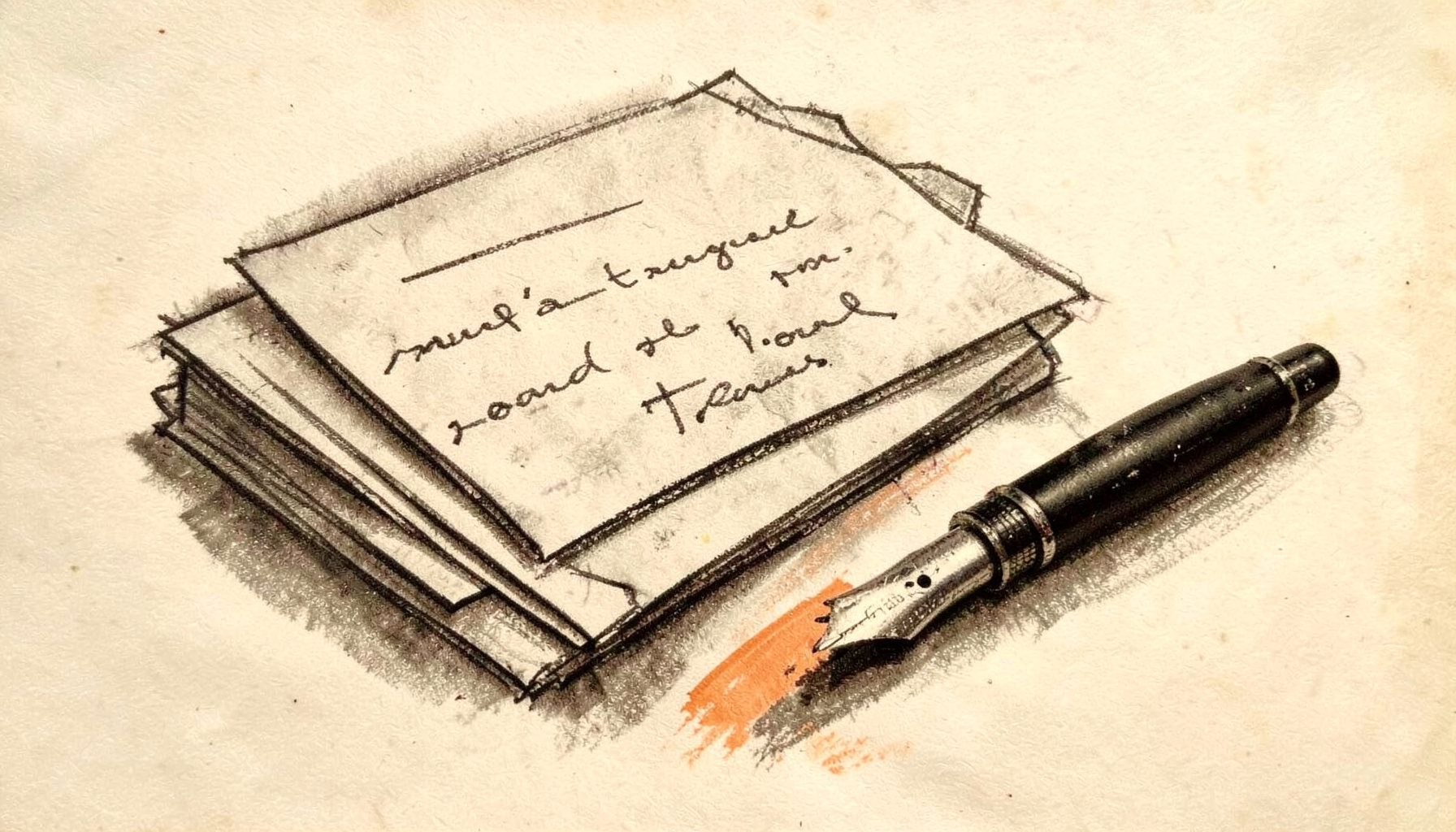 Soft charcoal rendering of a stack of handwritten letters and a fountain pen, warm sepia and charcoal gray tones