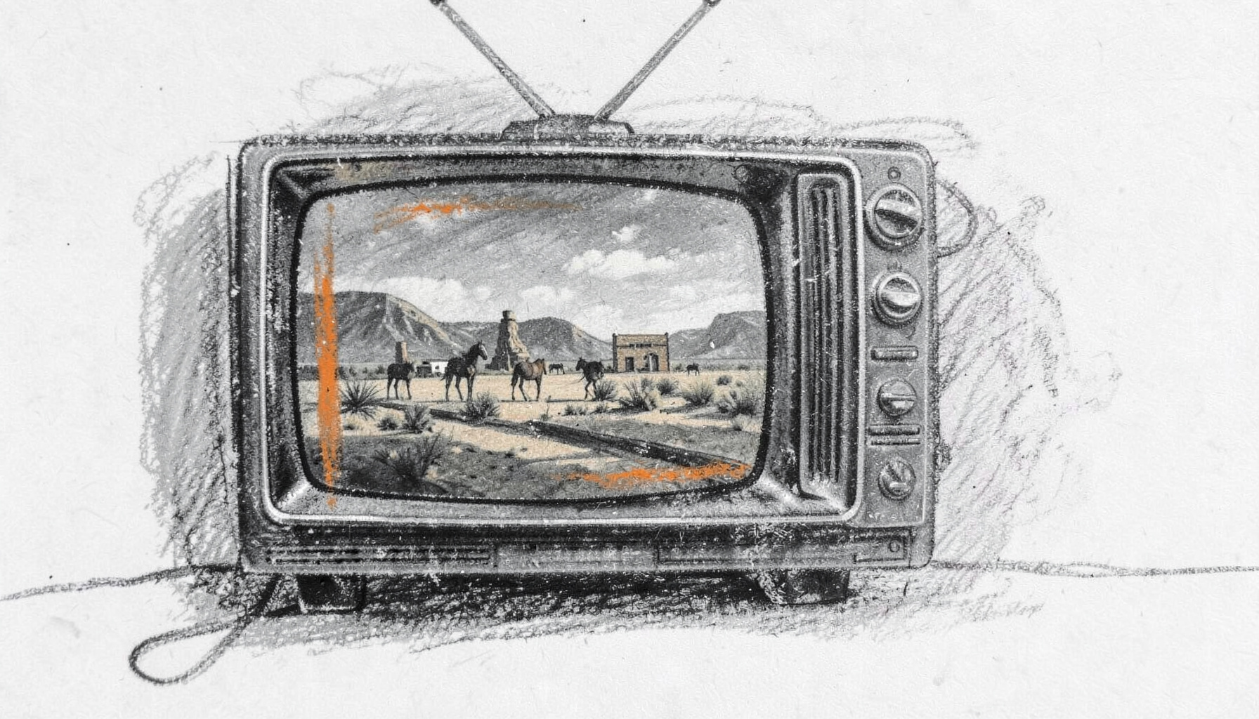 Charcoal drawing of a vintage television set with a western scene on screen, soft gray tones and warm highlights