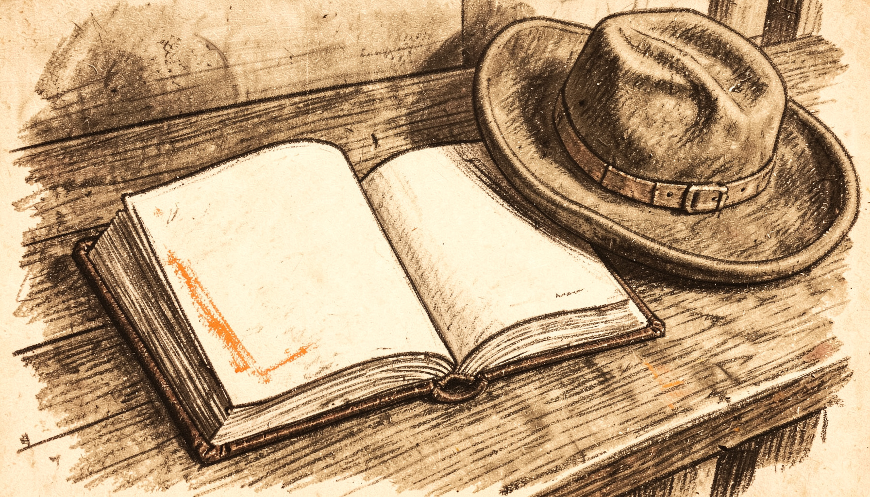 Warm sepia-toned charcoal drawing of an open journal resting on a wooden desk beside a cowboy hat, with soft shadows and a nostalgic western atmosphere